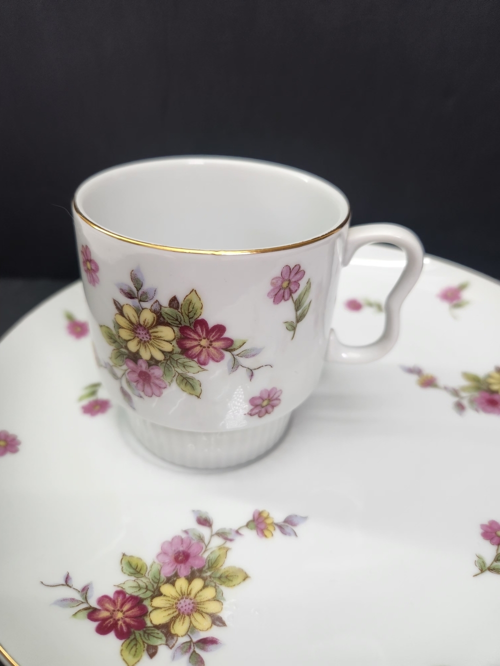 Vintage Fine White Porcelain Floral Cup and Snack Plate - Pink and Yellow - Picture 2 of 9